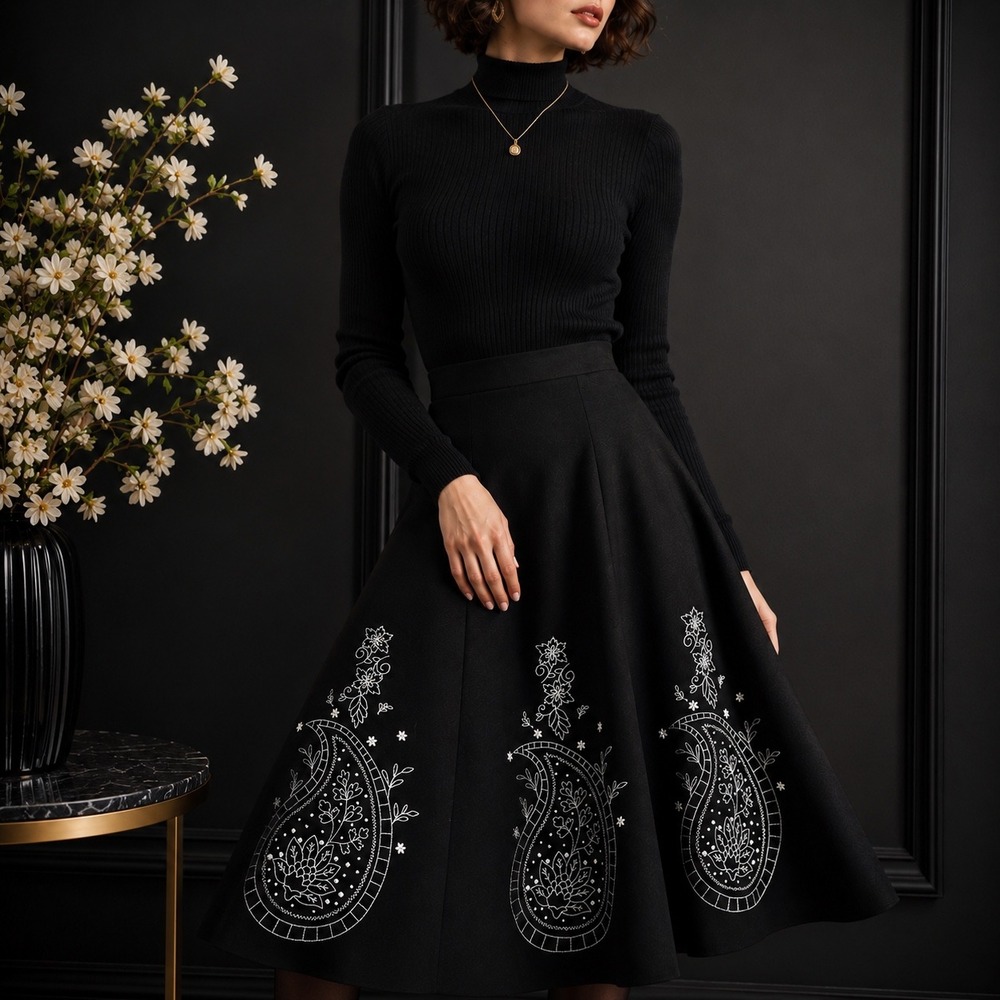 Ann Taylor‎ LOFT Petites Black Embroidered Paisley A-Line Skirt 6P 133590